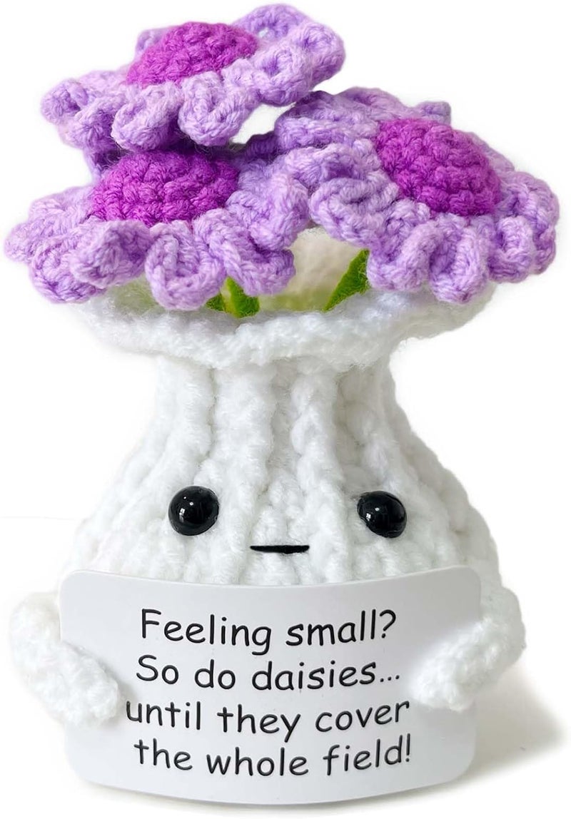 RFUYIR Valentines Inspirational Gifts for Women Positive Crochet Flowers- Feeling Small? - Mini Handmade Knitted Vase Plant Decor, Christmas Birthday Gifts for Women, Coworkers, Friends, Teacher - Image 1